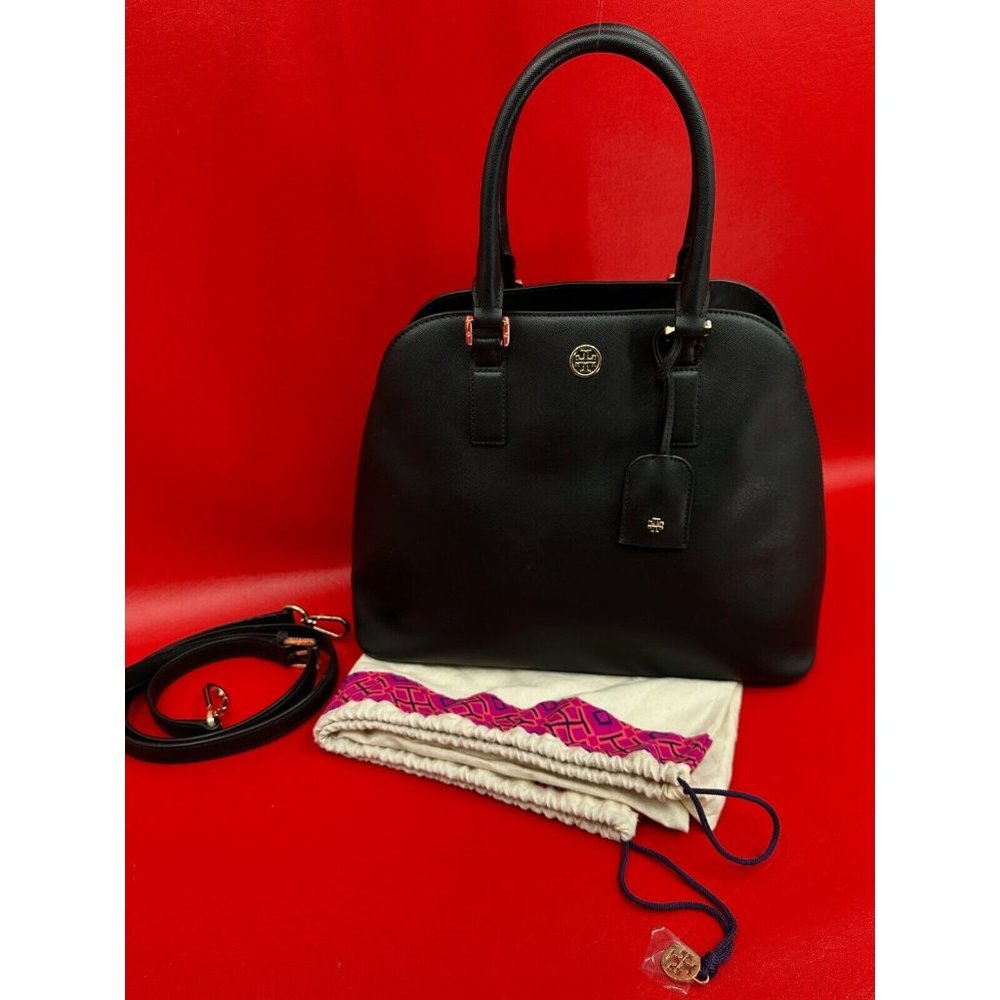 Tory Burch Robinson Dome Triple Compartment Convertible Black Leather Tote Bag